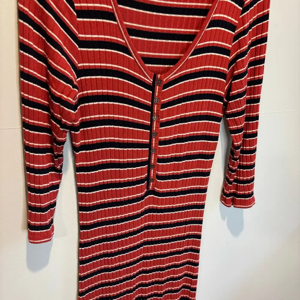 Abercrombie & Fitch Striped 3/4 Sleeve Ribbed Fitted Maxi Dress - Large Tall
